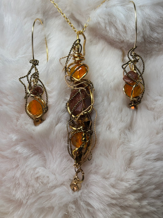 Solar Spell: Goldstone earring pendant set