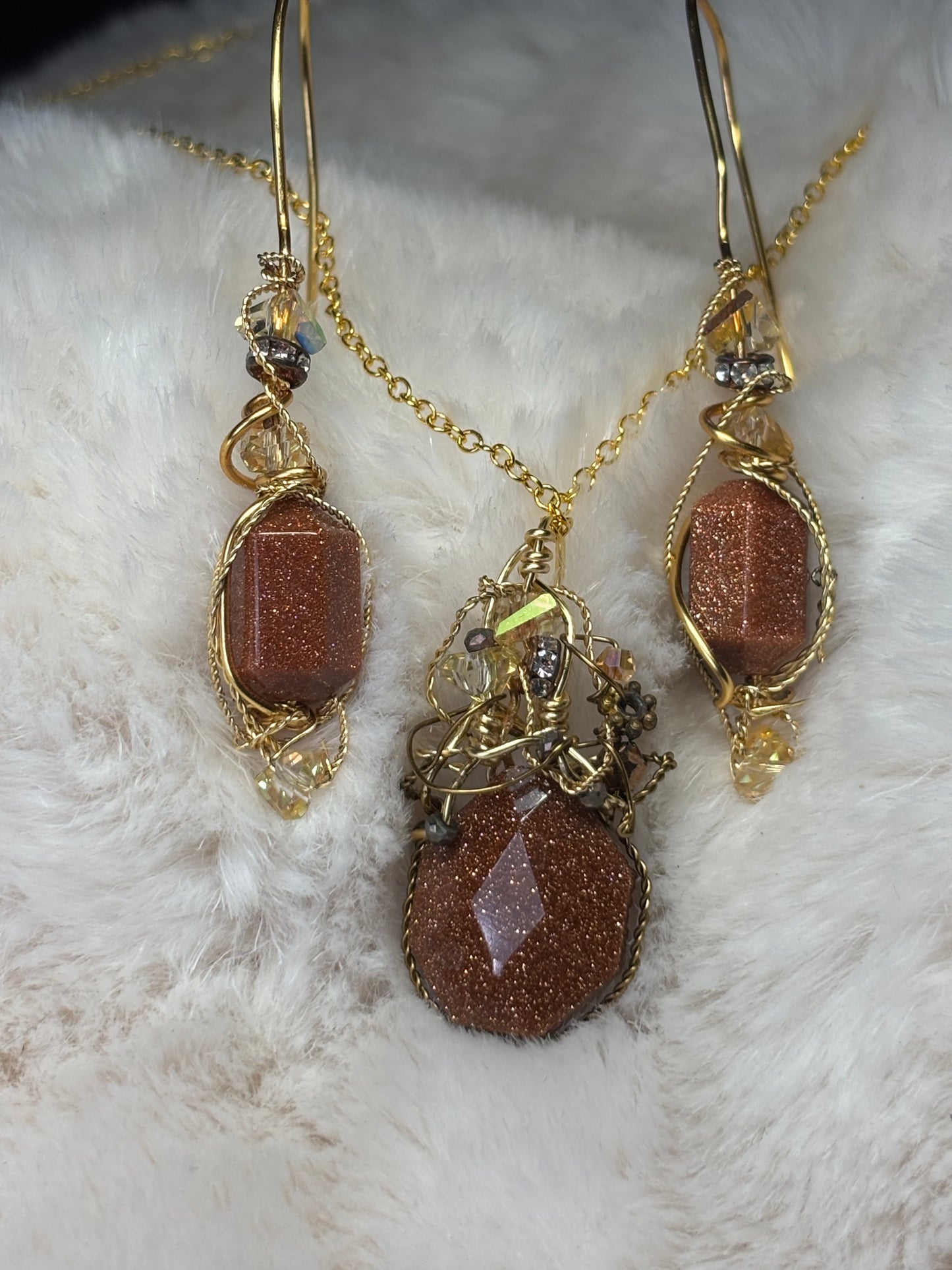 Spark of the soul: goldstone earring/pendant set 