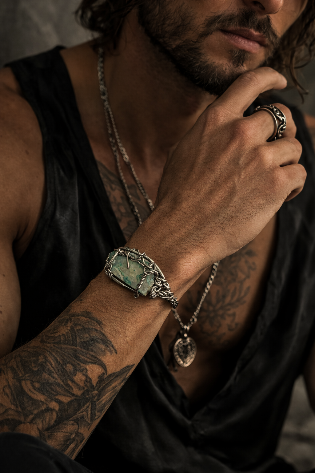 Madagascar Sea Agate and Larimar Bracelet: Ocean Warrior