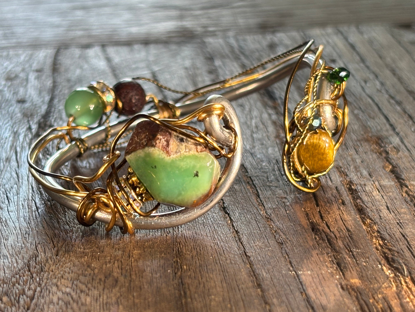 African Opal, tiger eye, Aberdeen, volcano rock ￼Bracelet: ￼