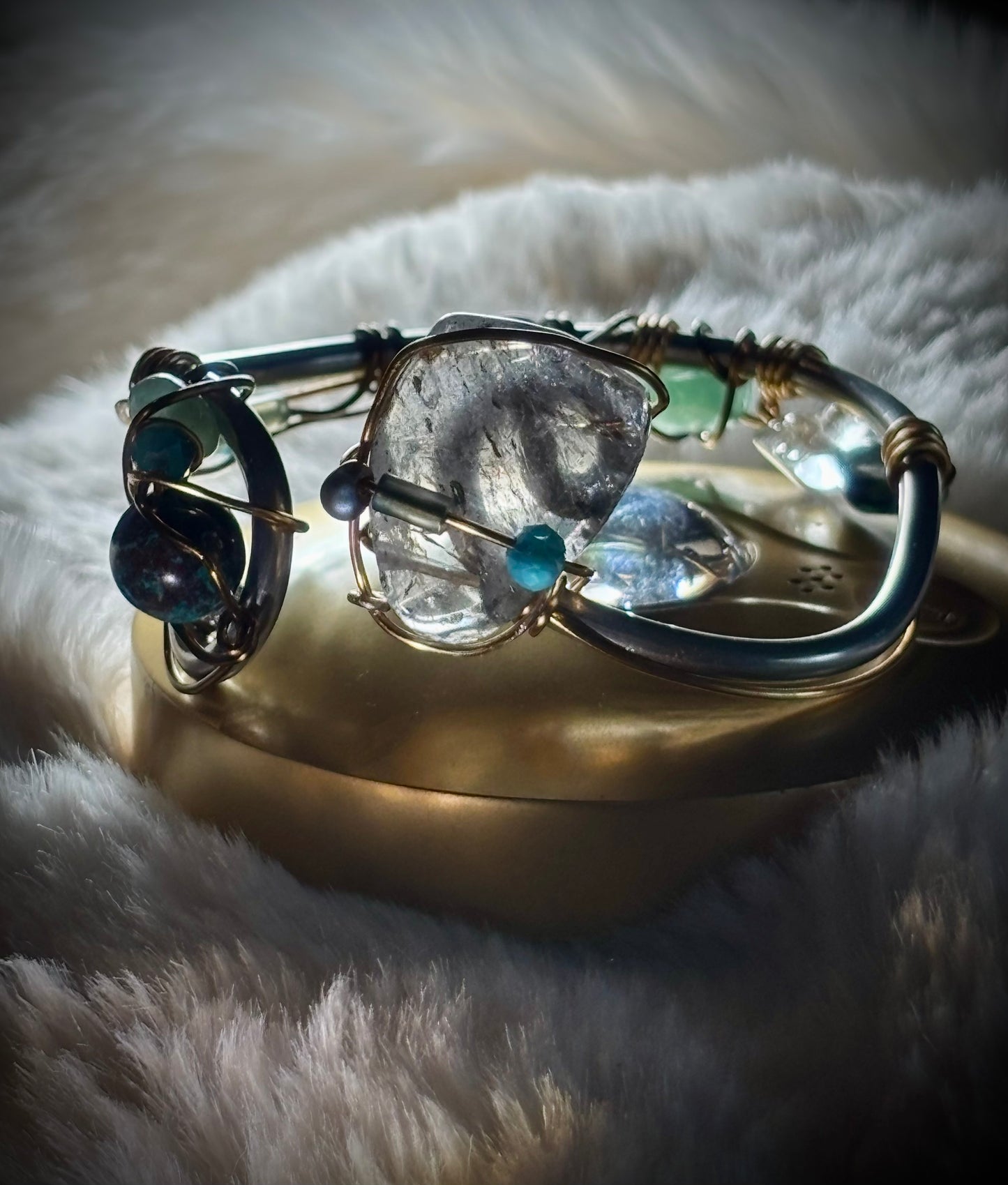 Tourmalinated Quartz (Quartz with Black Tourmaline inclusions), Peruvian Turquoise, Advertine Bracelet: Branches of Protection