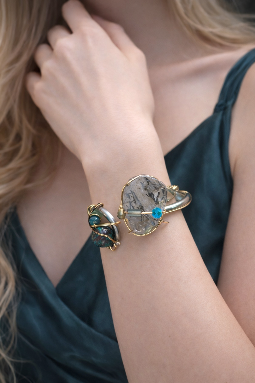 Tourmalinated Quartz (Quartz with Black Tourmaline inclusions), Peruvian Turquoise, Advertine Bracelet: Branches of Protection