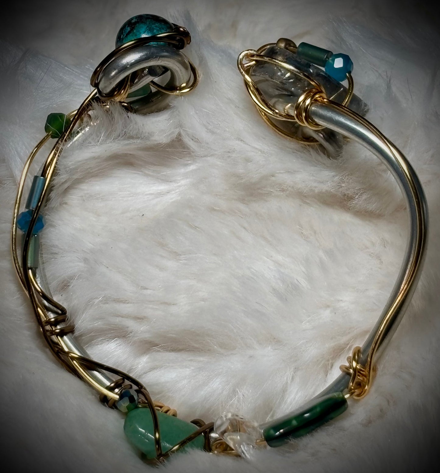 Tourmalinated Quartz (Quartz with Black Tourmaline inclusions), Peruvian Turquoise, Advertine Bracelet: Branches of Protection