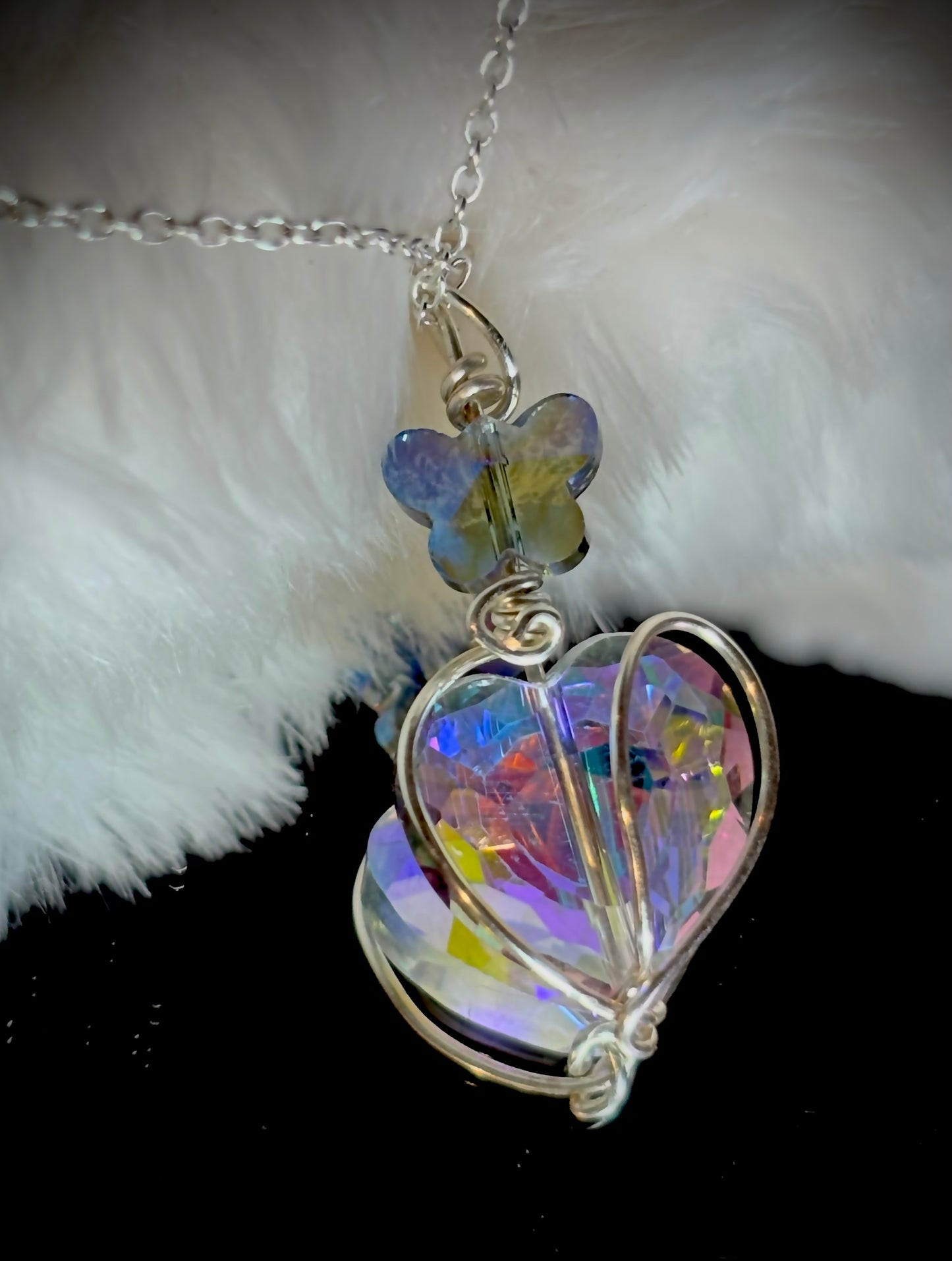 Crystal heart, and butterfly pendant