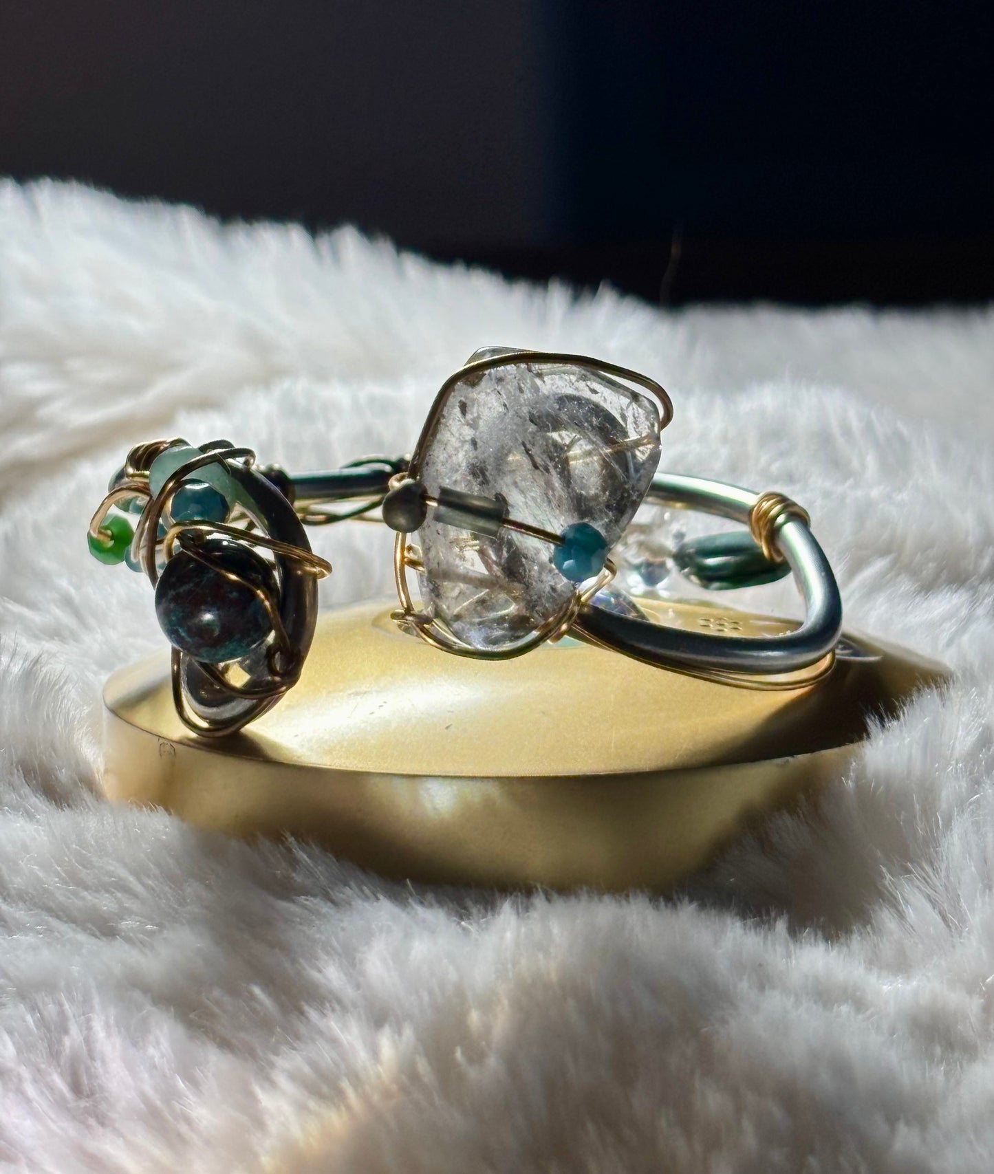 Tourmalinated Quartz (Quartz with Black Tourmaline inclusions), Peruvian Turquoise, Advertine Bracelet: Branches of Protection