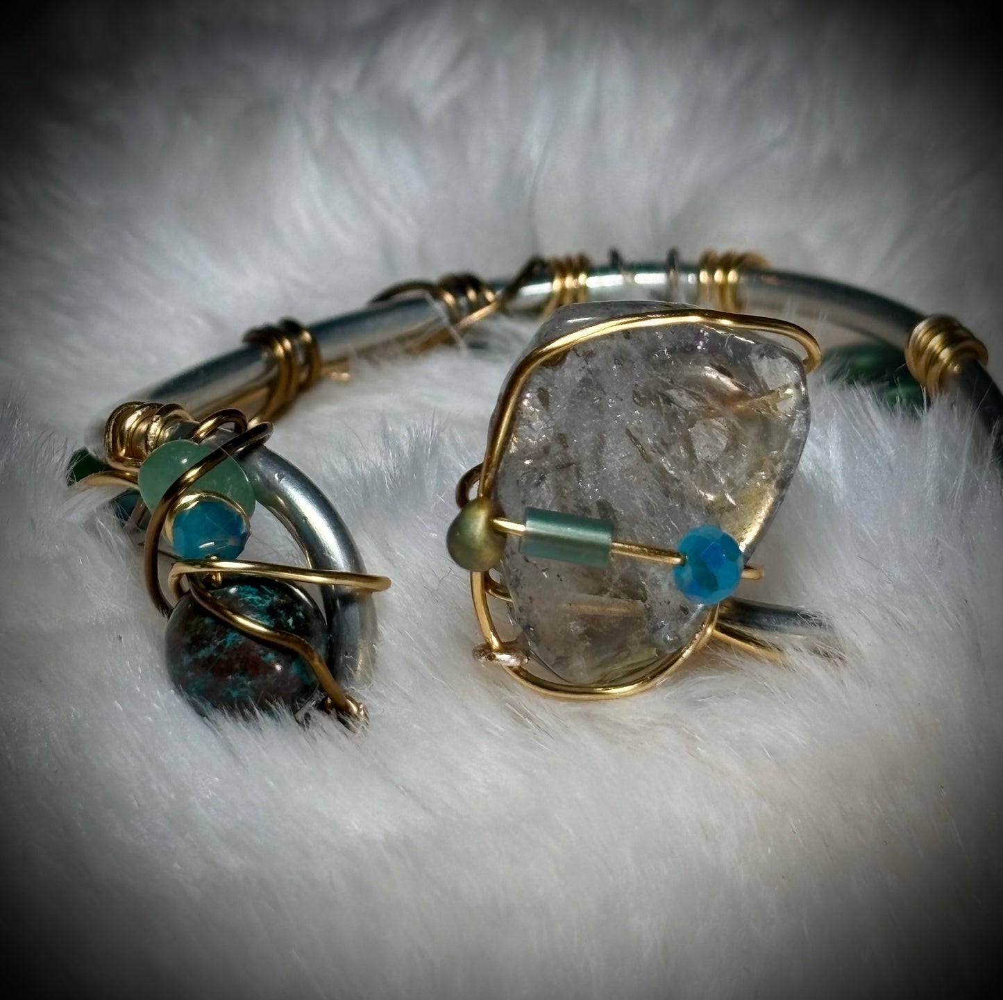 Tourmalinated Quartz (Quartz with Black Tourmaline inclusions), Peruvian Turquoise, Advertine Bracelet: Branches of Protection