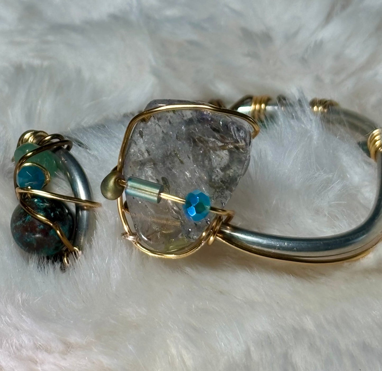 Tourmalinated Quartz (Quartz with Black Tourmaline inclusions), Peruvian Turquoise, Advertine Bracelet: Branches of Protection