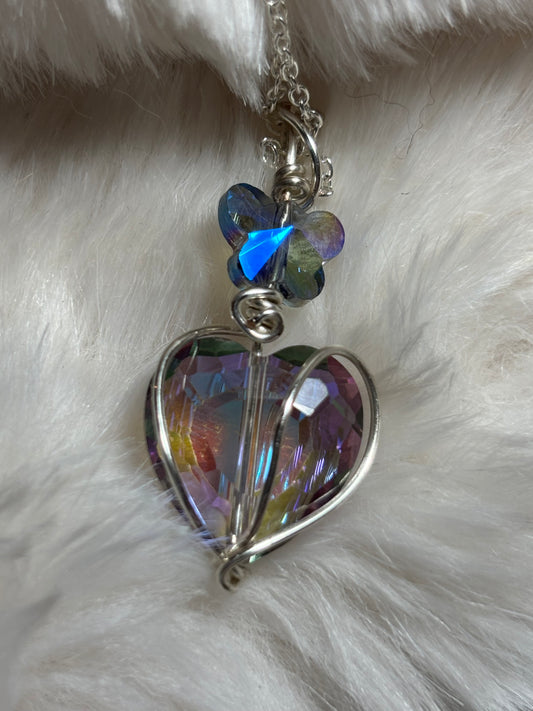 Crystal heart, and butterfly pendant