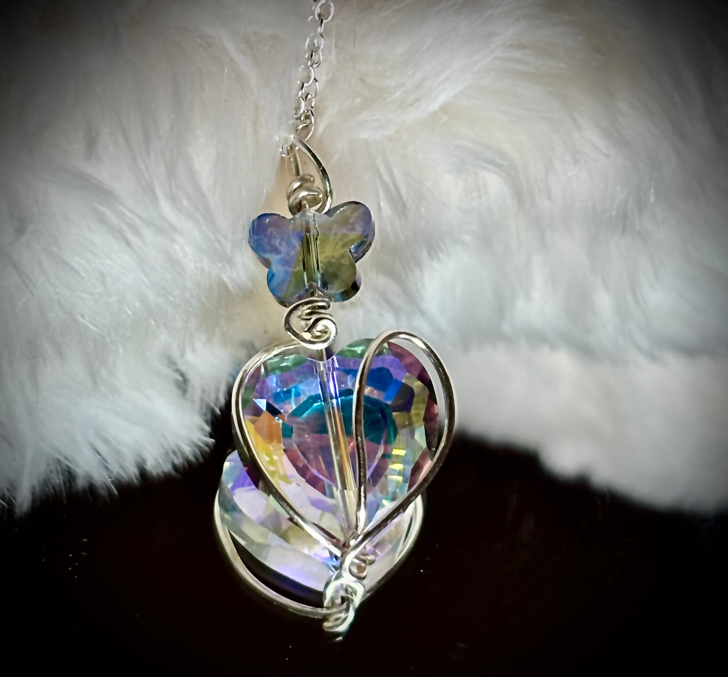Crystal heart, and butterfly pendant