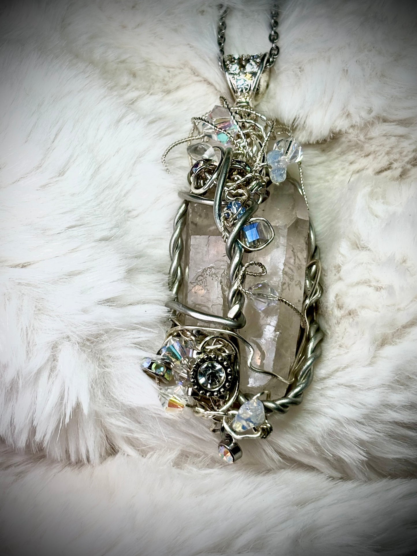 Crystal and quartz crystal pendant: TWIN PILLARS OF CLARITY ￼ ￼
